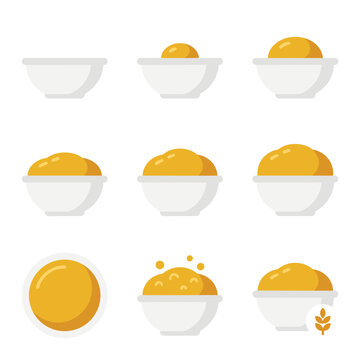 Set of pixel art bowls filled with yellow grain, depicting stages of filling and portion sizes, isolated on white, food portioning illustration