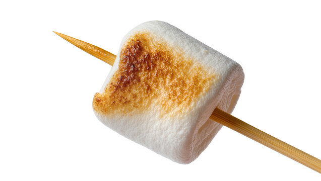 Toasted marshmallow on wooden skewer, isolated on transparent background
