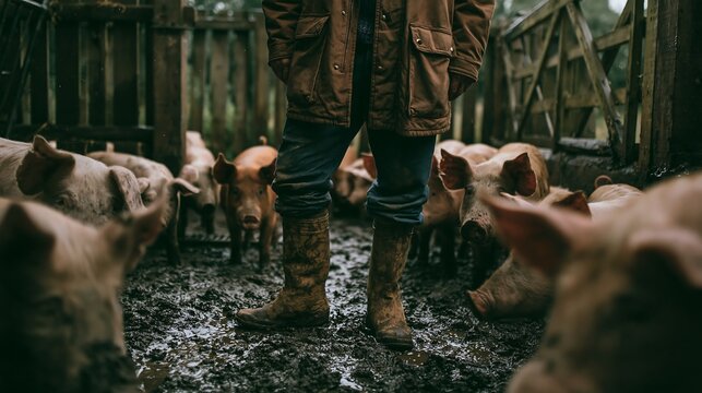 Farmer stands amidst a group of muddy pigs in a rustic pen while tending to daily chores on the rural livestock farm.