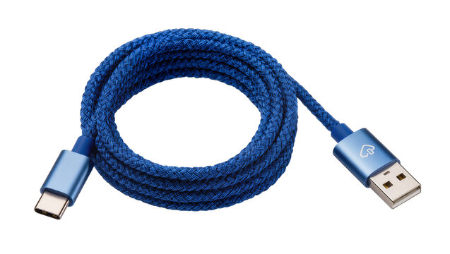 Braided blue USB-C to USB-A cable coiled, isolated on transparent background