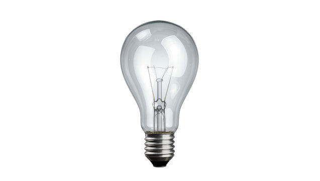Clear glass incandescent light bulb with metal screw base, isolated on transparent background