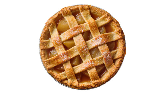 Golden brown lattice crust apple pie with sugary topping, isolated on transparent background