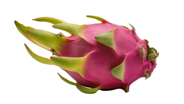 Vibrant pink dragon fruit with green scales, isolated on transparent background