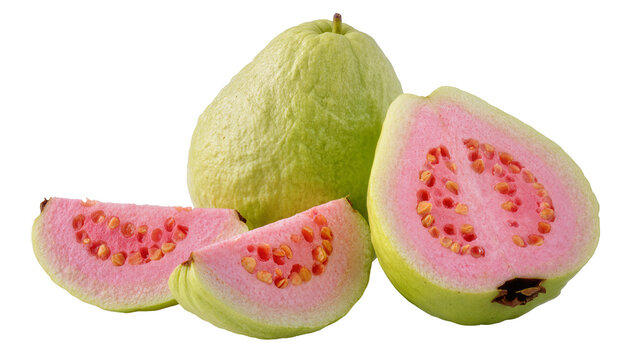 Whole and sliced pink guavas with visible seeds, isolated on transparent background
