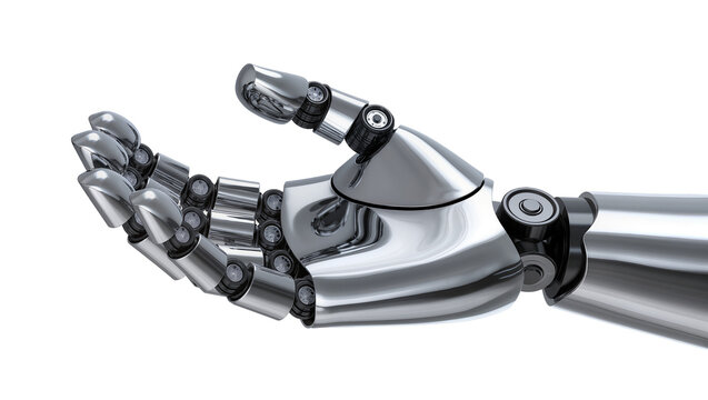 Shiny chrome robotic hand with articulated fingers, isolated on transparent background