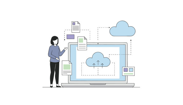 Business woman stands beside a large laptop while managing cloud document uploads in a modern office tech illustration.
