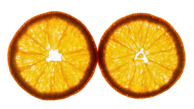 Two translucent orange slices with dark brown rind, isolated on transparent background