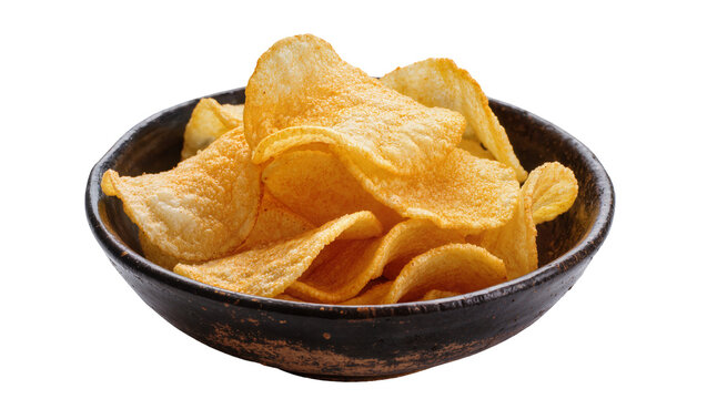 Crispy potato chips seasoned with paprika in a dark ceramic bowl, isolated on transparent background