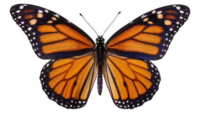 Monarch butterfly with orange wings and black veins, isolated on transparent background