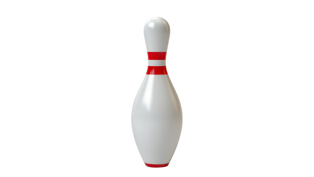 Single white bowling pin with red stripes, isolated on transparent background