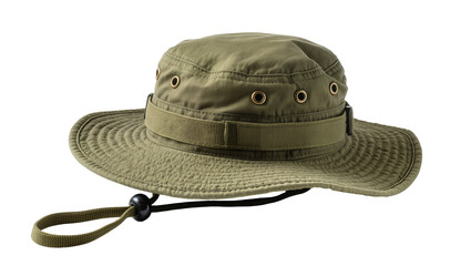 Olive green canvas boonie hat with chin strap, isolated on transparent background © Aliona
