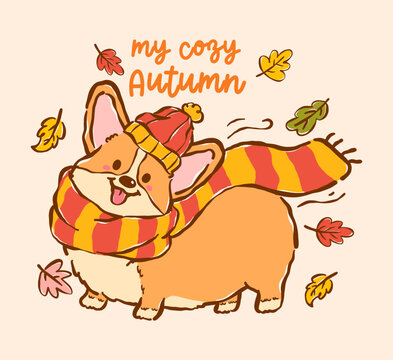 Cozy Happy Corgi Autumn Fall in Scarf, Cute Dog Cartoon Hand Drawn Character
