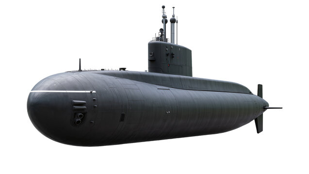 Dark grey submarine with periscope and antennas, isolated on transparent background