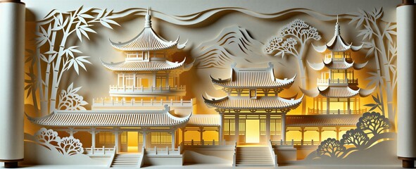 Obraz premium Paper craft art displays traditional Chinese architecture with pagodas, mountains. Intricate white cutouts reveal glowing golden light behind bamboo forests, temple buildings. Elegant oriental style