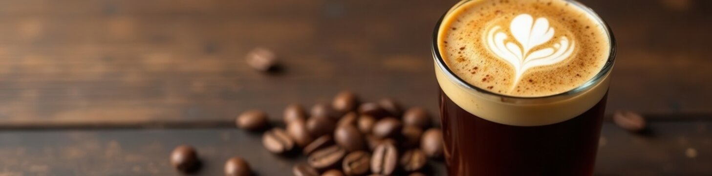Cold brew coffee with creamy swirls, wooden backdrop, coffee beans , wood background, still life, chilled