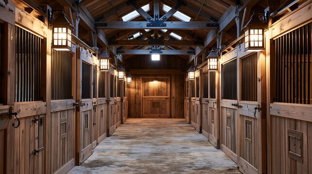 Stables featuring luxury wooden stalls stand in a row to provide an elegant interior space for high end horse boarding.
