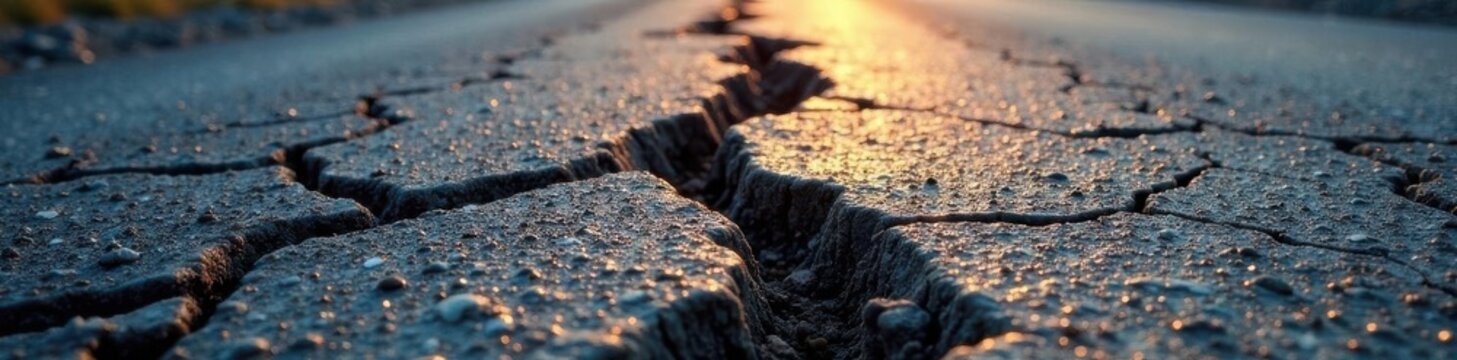 Cracked road surface exposes sharp, rocky subsoil , earth, landscape