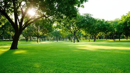 Obraz premium Sunlight streams through lush green trees onto a perfectly manicured lawn