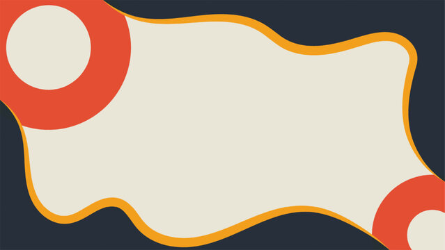 Abstract retro geometric background with fluid dark blue border and orange circles on cream copy space, presentation banner