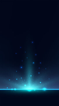 abstract magical cosmic energy rising into the deep night sky as a neon blue horizon beam scatters glowing cyan particles across a minimalist dark backdrop, futuristic design