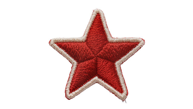 Embroidered red five-pointed star patch with cream border, isolated on transparent background