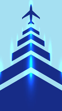 Blue airplane silhouette soaring upward with glowing neon chevron background vector illustration of aviation progress and future travel technology concept
