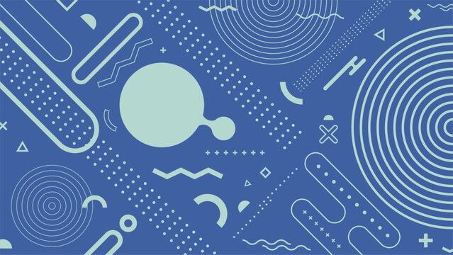 Abstract geometric background in memphis style dynamic light blue shapes concentric circles wavy lines and dots over dark blue backdrop, trendy modern vector graphic design layouts