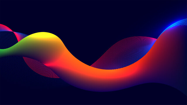 Futuristic abstract neon wave background featuring a dynamic glowing ribbon with vibrant gradient colors and high tech motion vector lines on dark blue backdrop