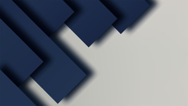 Abstract geometric background with overlapping navy blue rectangles and drop shadows on modern minimalist gray surface, corporate business template, technology banner cover