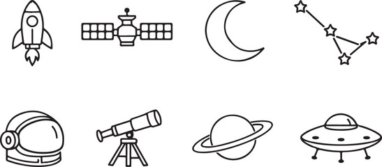 Minimalist space exploration icon set, 8 thin line vector illustrations of astronomy and galaxy elements, black and white cosmic symbols for science apps © mocreations