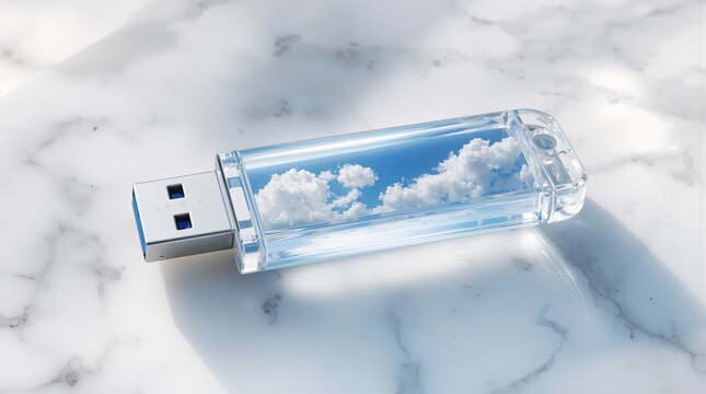 Surreal concept shot of a transparent glass USB flash drive with fluffy white clouds inside, lying on a pristine white marble surface. Cloud storage concept.