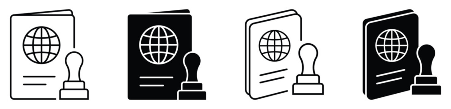 Passport and immigration stamp icon set for travel visa, international tourism, border control, citizenship.