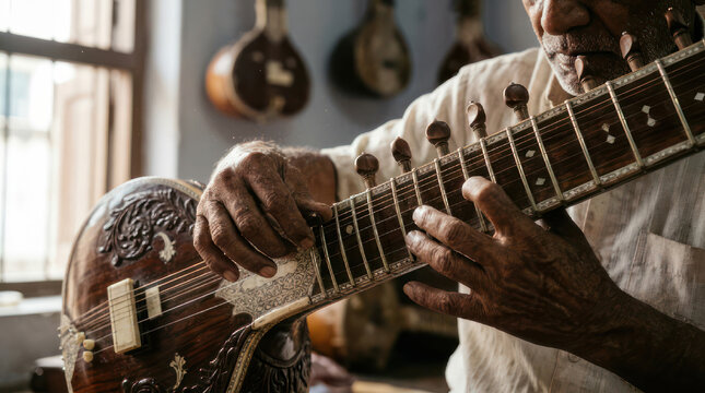 Musician playing a traditional Indian sitar instrument indoors.