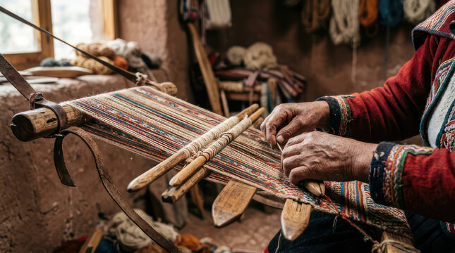Person weaving fabric on a traditional loom with wooden tools.