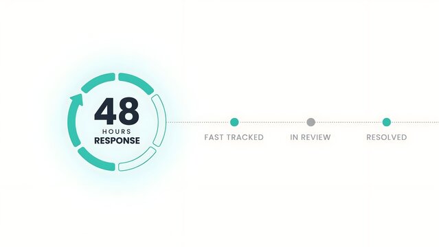 Professional business infographic showing a forty eight hour response time cycle with a clean circular arrow design combined with a linear process flow chart featuring fast tracked status and in revie