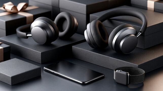 Modern Black Friday tech shopping composition with wireless headphones smartphone smartwatch and sleek packaging highlighting premium retail promotion