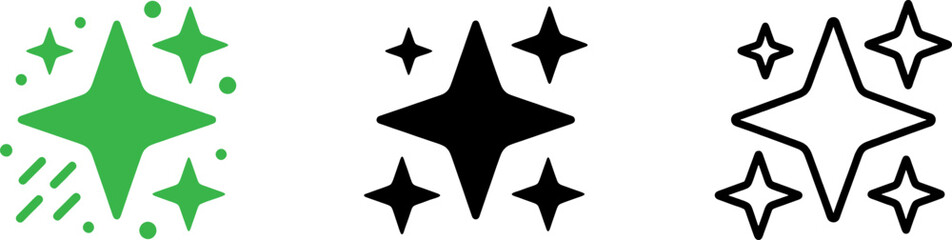 Sparkle icon set, magic star burst vector symbol, four point star shine icon in green and black filled and outline style © zisun