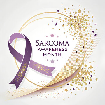 Sarcoma awareness month with purple ribbon and stars.