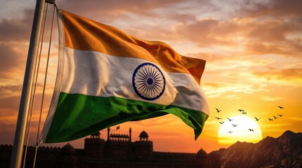 Indian independence day celebration tricolor flag waving on 15 august