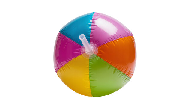 Multicolor inflatable beach ball with white valve, isolated on transparent background