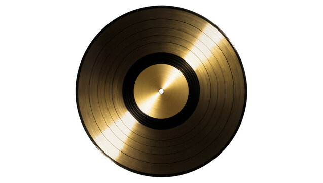 Shiny gold vinyl record with black center label, isolated on transparent background