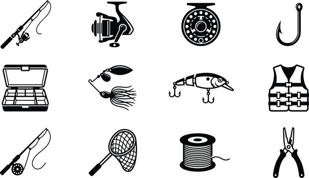 Fishing Equipment Icon Set featuring Black Silhouette Glyph Symbols of Rod Reel Hook Tackle Box Lures Bait Landing Net Line and Pliers Vector IllustrationFishing Equipment Icon Set featuring Black Sil