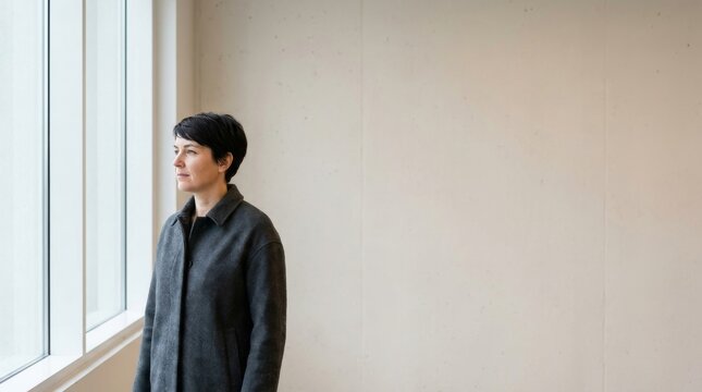 Pensive woman with short hair wearing a stylish gray coat standing by a window in a minimalist bright room, looking out with a contemplative expression