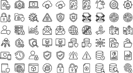 Cybersecurity Icons Set: Black  White Line Art for Security Technology Industry © pixraw