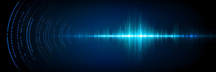 Naklejka premium Abstract futuristic digital audio waveform and sound frequency waves with hud circular speaker on black background