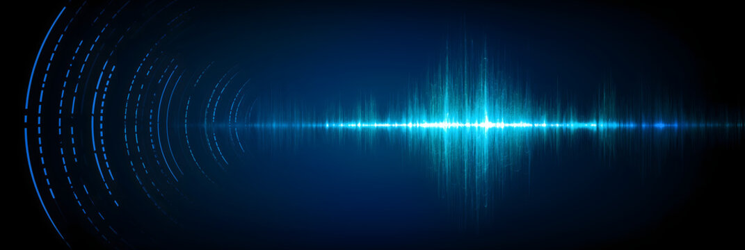 Abstract futuristic digital audio waveform and sound frequency waves with hud circular speaker on black background