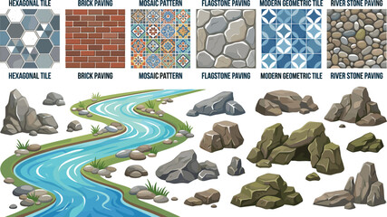 Landscape Architecture Vector Set with River Stream, Realistic Rocks, and Outdoor Paving Seamless Texture Tiles for Garden Design Layout Diagrams © Rafika