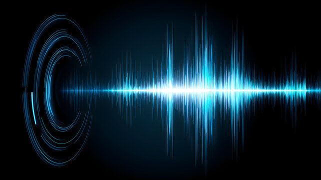 Abstract futuristic digital audio waveform and sound frequency waves with hud circular speaker on black background