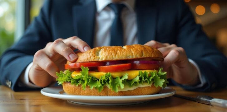 Busy executive rapidly consuming a large sandwich , mouth full, hungry