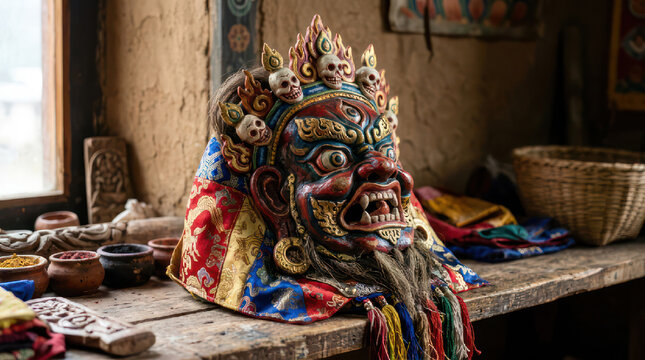 Ornate Tibetan Buddhist mask with fierce expression and colorful adornments.